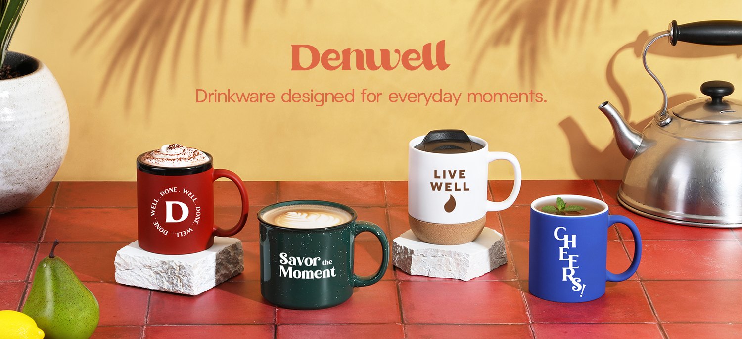 Custom branded Denwell ceramic mugs with company logos